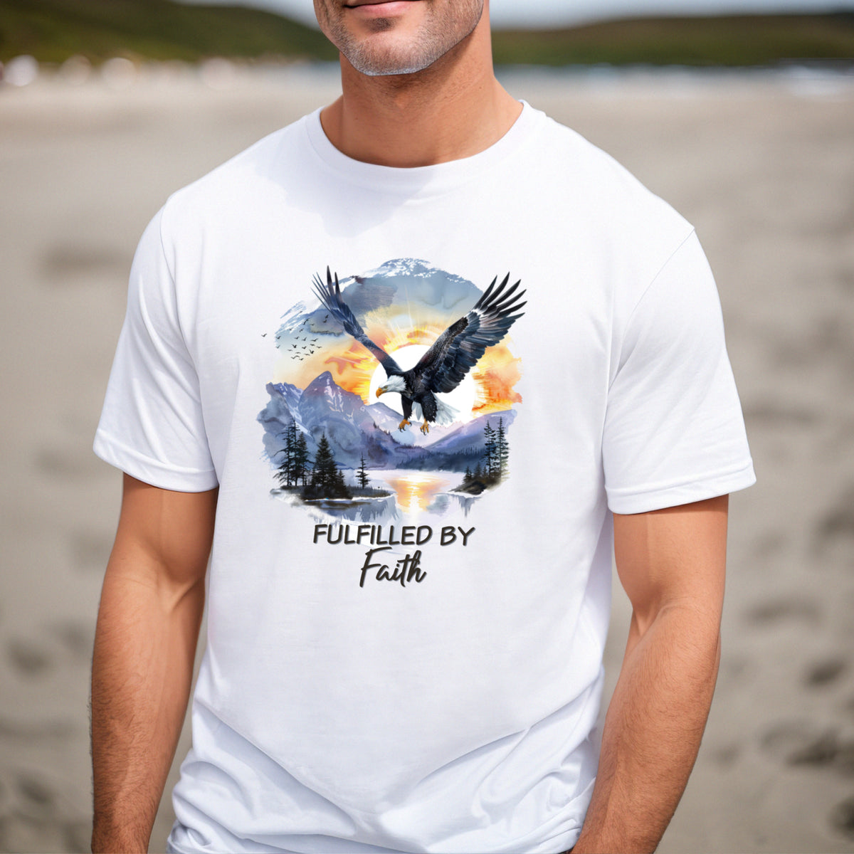 Fulfilled by Faith Eagle Sunset  - Men's Christian T-Shirt